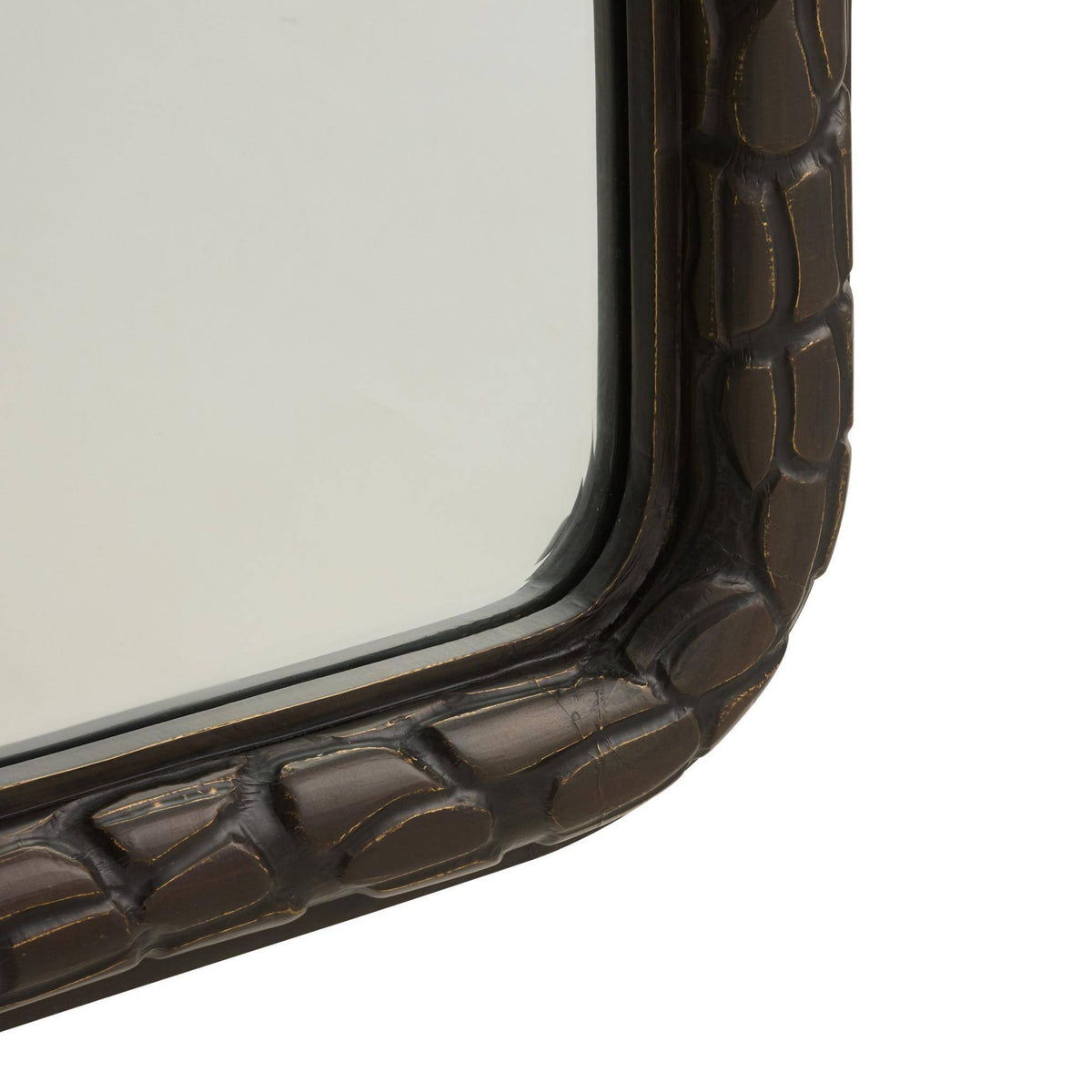 Rectangular mirror with a textured bronze frame on a white background