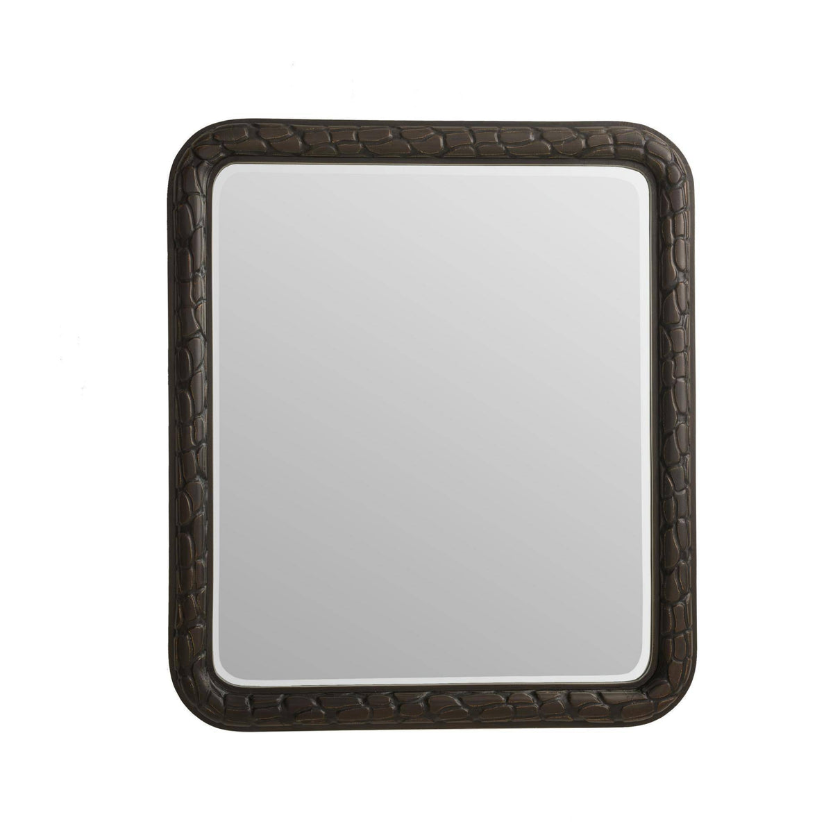 Rectangular mirror with a decorative brown frame on a white background