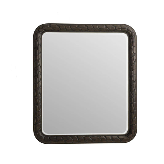Rectangular mirror with a decorative brown frame on a white background