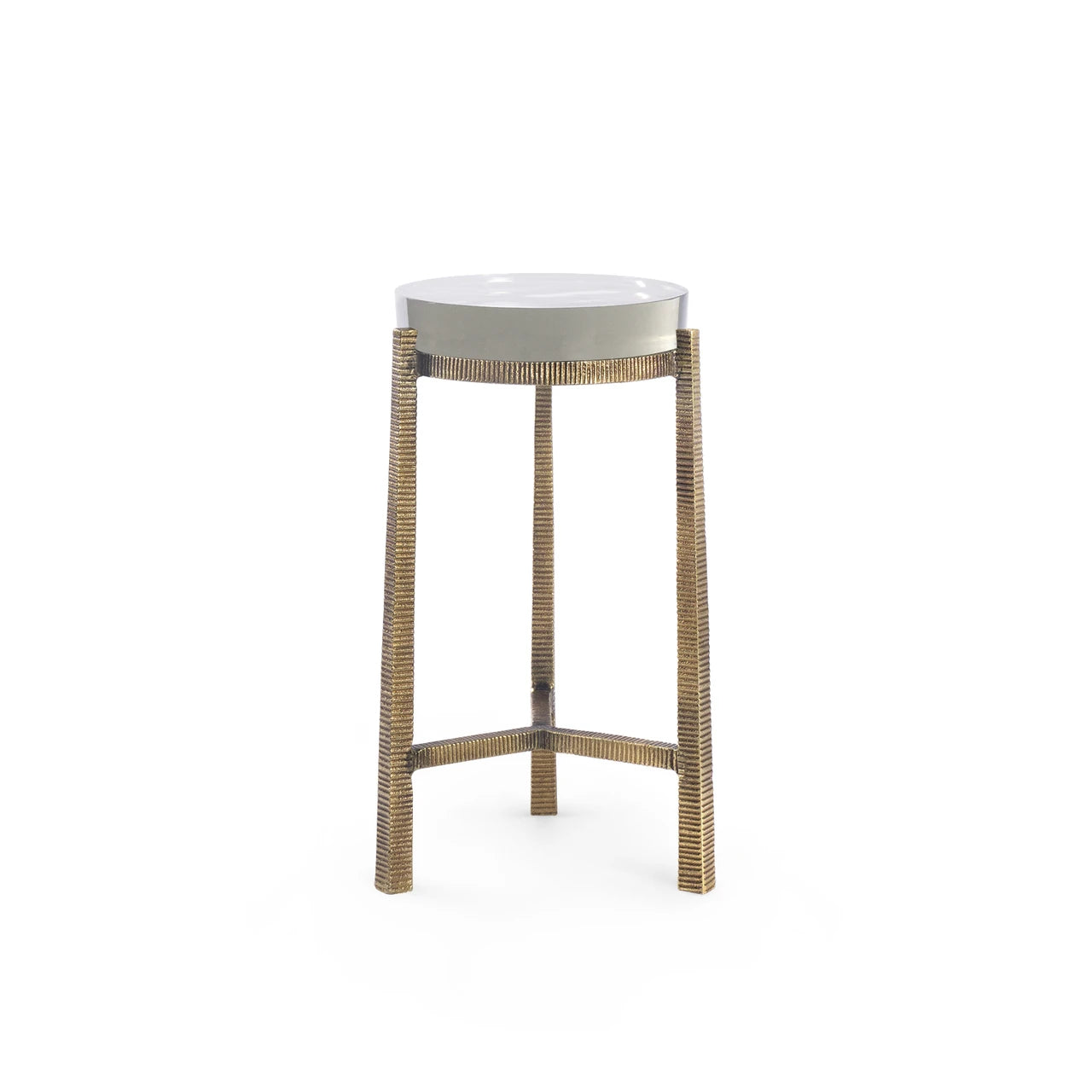 A modern accent table with a round white top and a textured, woven metallic gold base, shown against a plain white background.