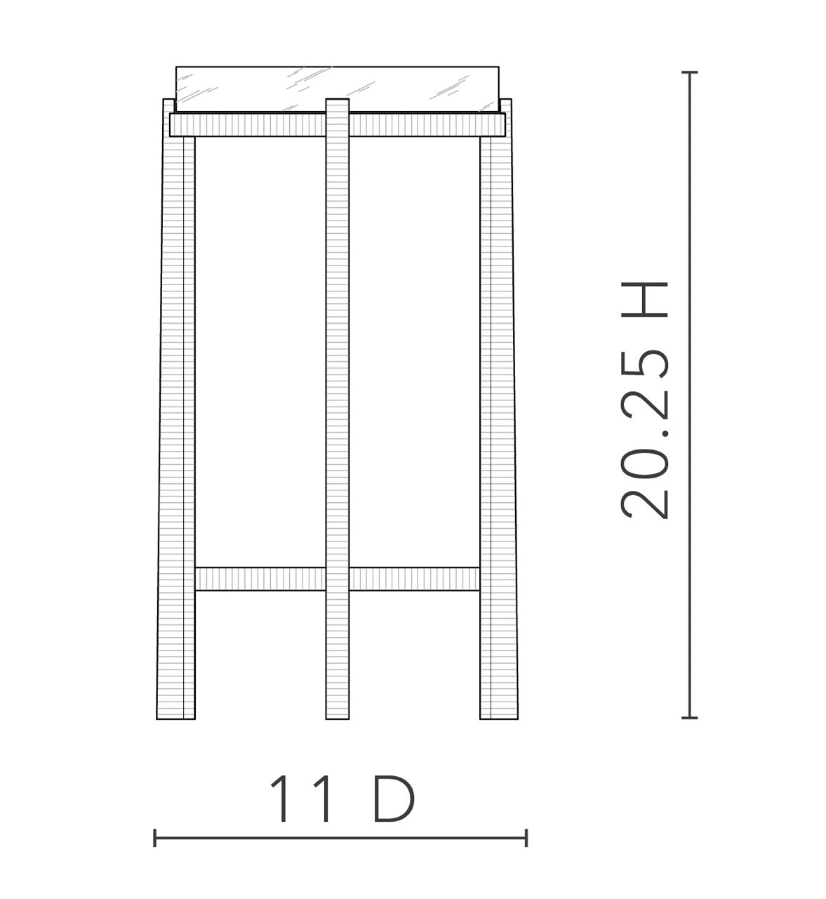 A black and white technical line drawing of a stool, showing its dimensions with a height of 20.25 H and a width of 11 D.
