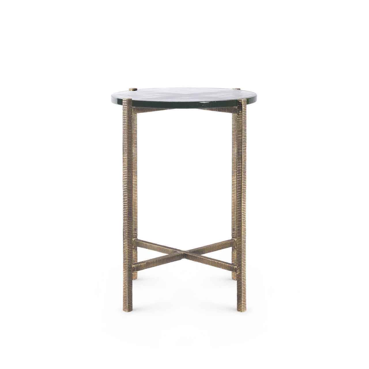 Small table with wicker frame and glass top on a white background
