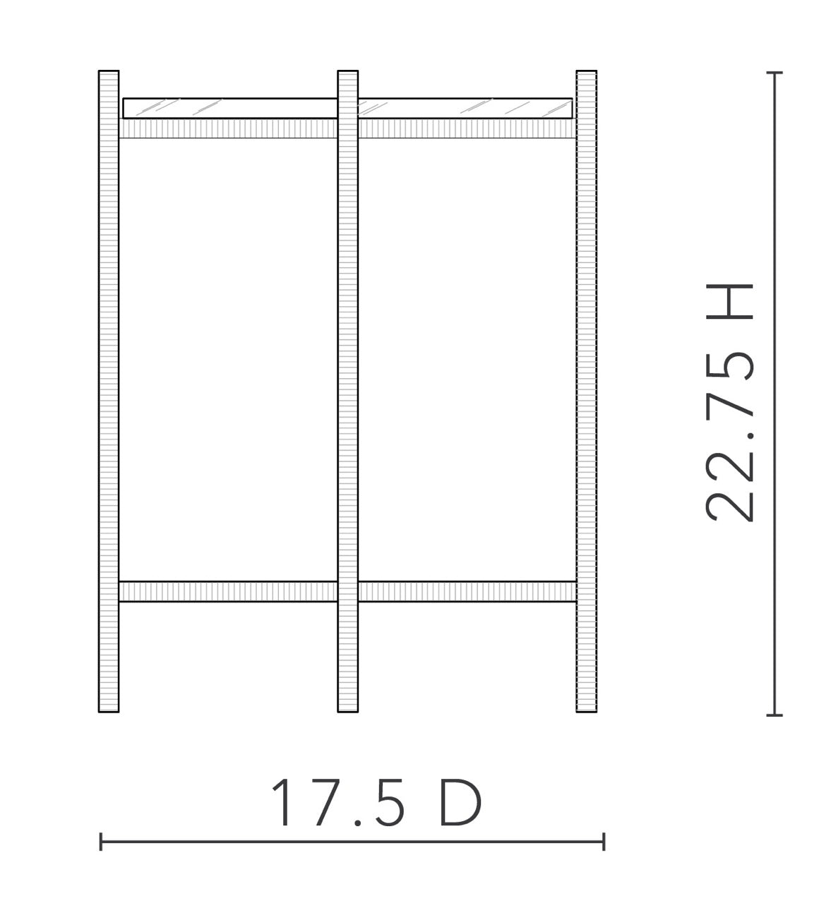 A black and white technical line drawing showing the dimensions of a frame or rack, labeled with 22.75 H on the right and 17.