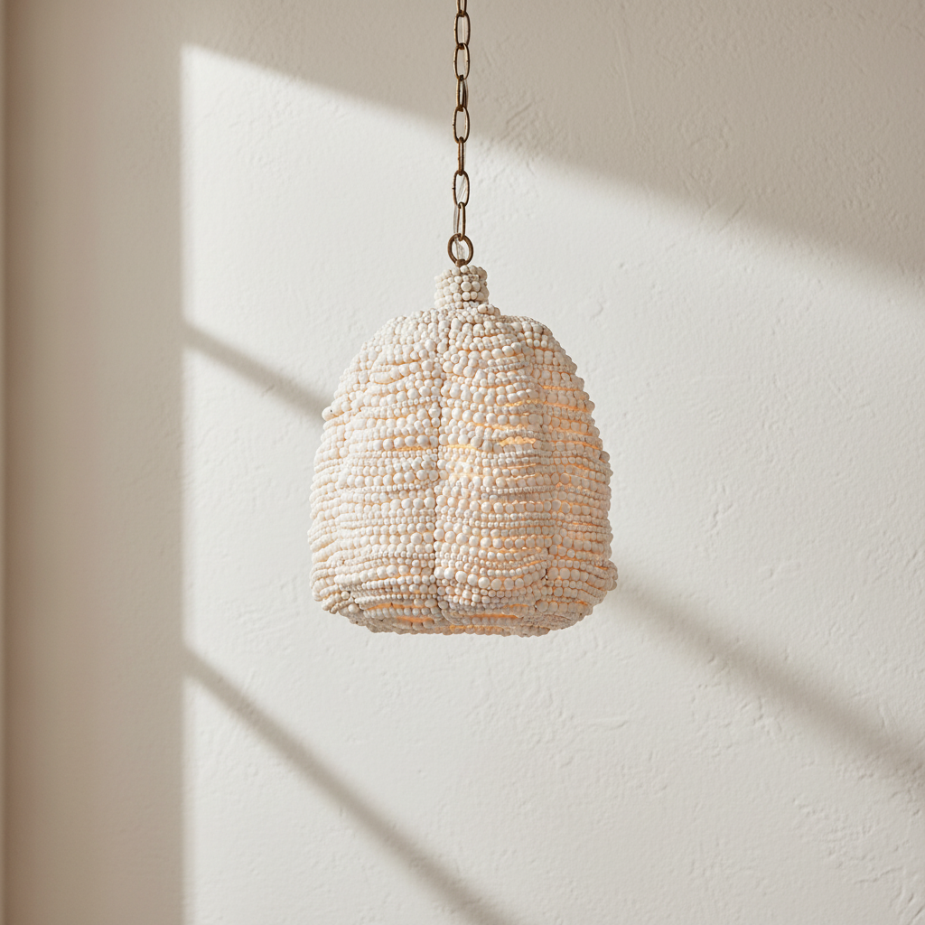 Beaded pendant light hanging against a neutral wall with soft shadows.