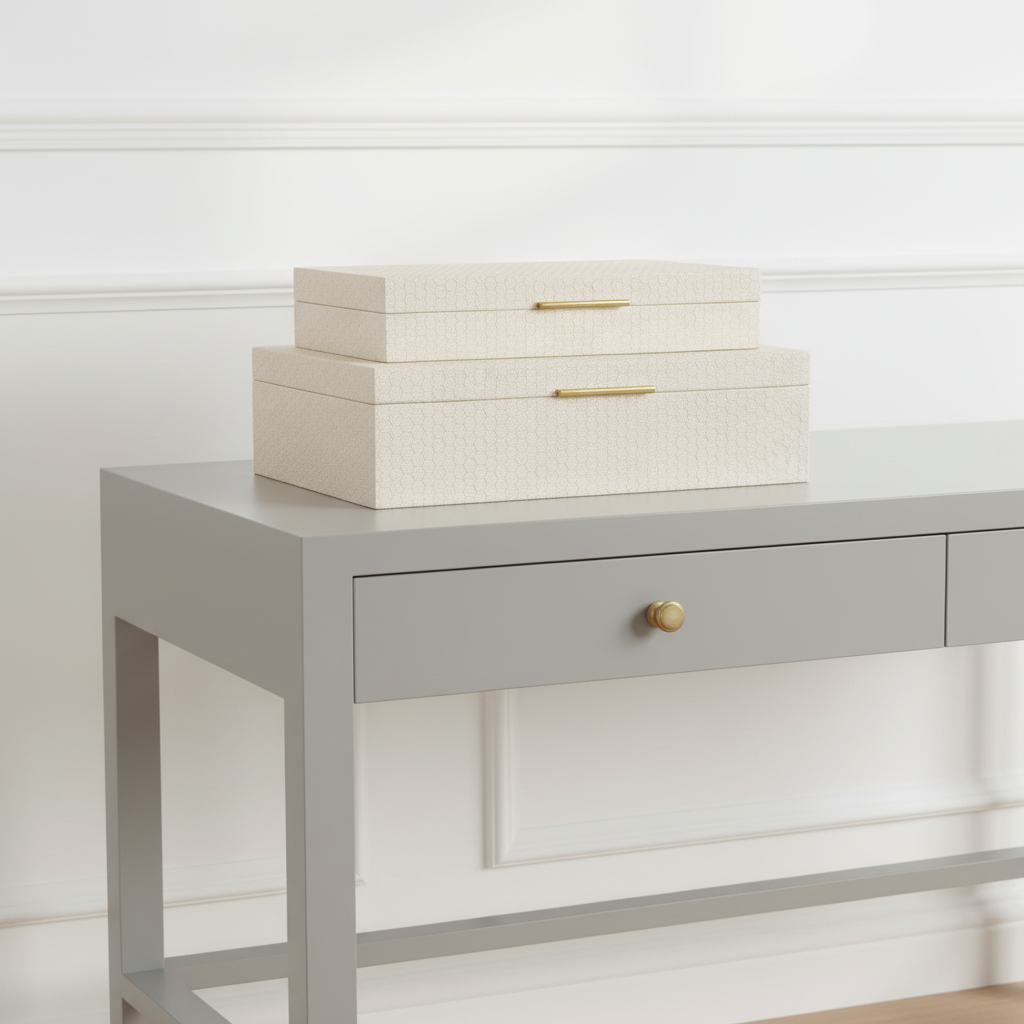 Stack of beige boxes on a gray console table with a white wall background