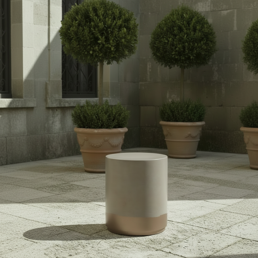 A modern cylindrical side table or stool with a matte light beige upper body and a metallic rose-gold base, placed on a stone patio in front of potted topiary trees.