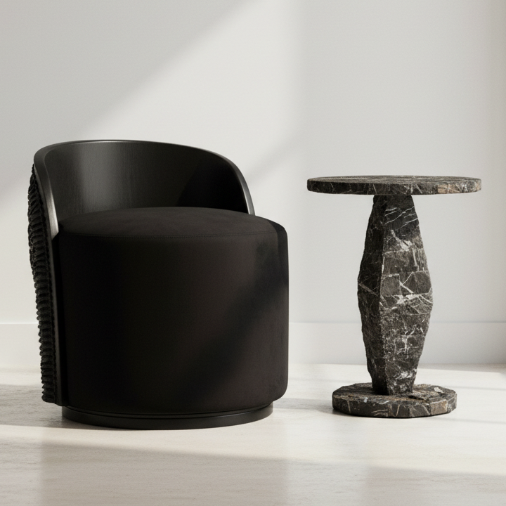 Black chair and marble table on a light wooden floor with a white wall background