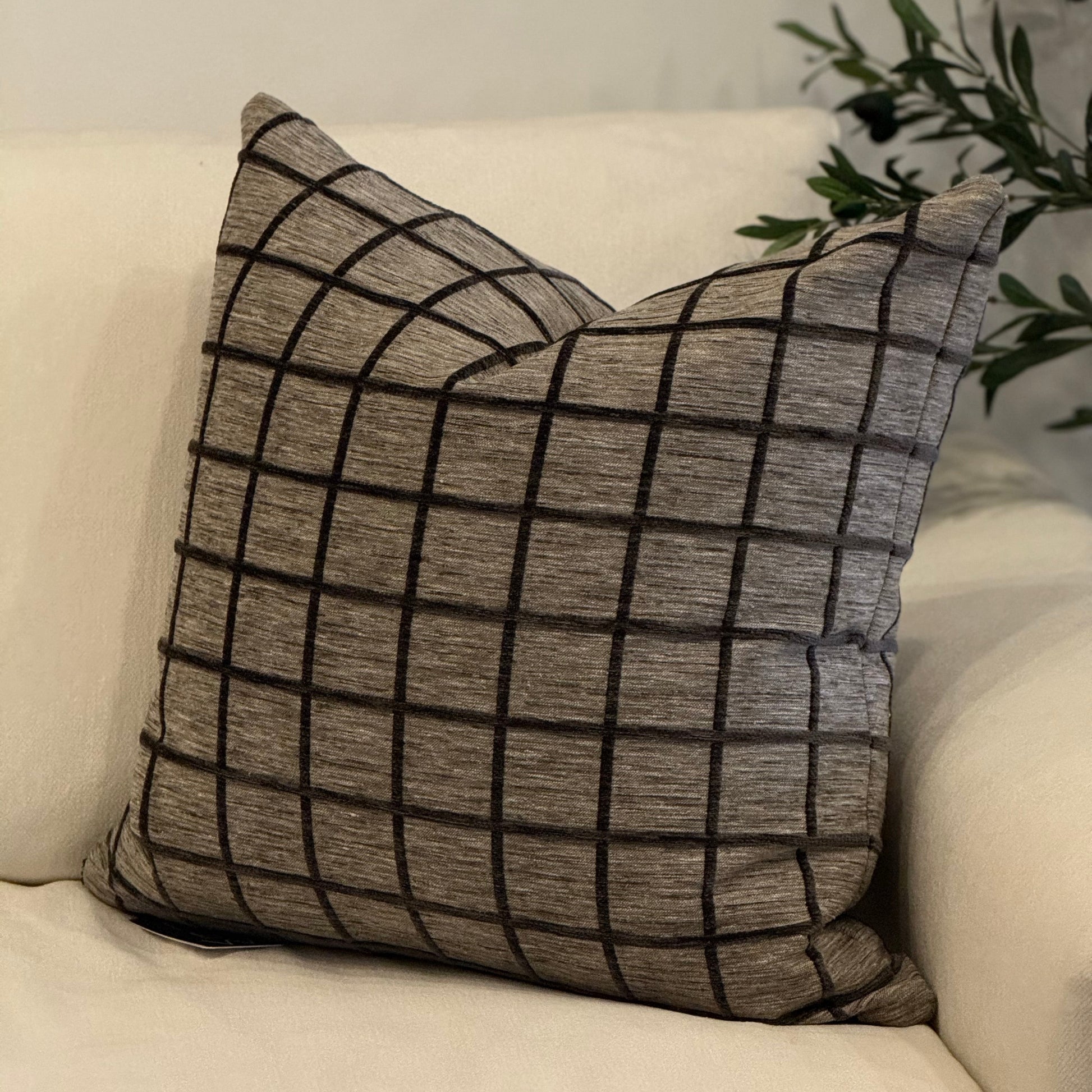 Grid-patterned pillow on a white sofa with a plant in the background
