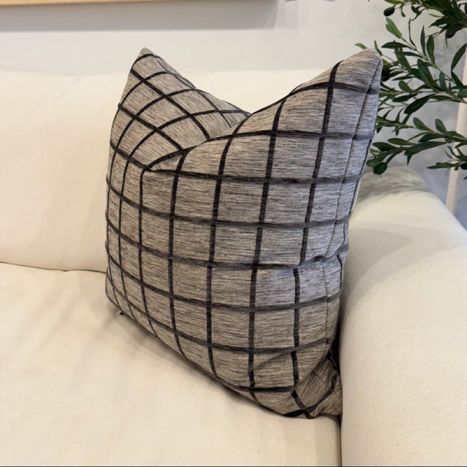 Gray checkered pillow on a white couch with a plant and framed artwork in the background.