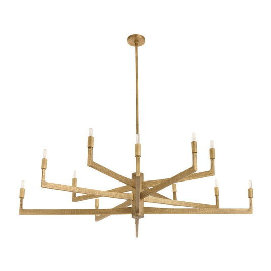 Gold chandelier with multiple arms on a white background