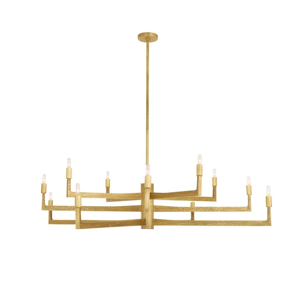Gold chandelier with multiple arms on a white background