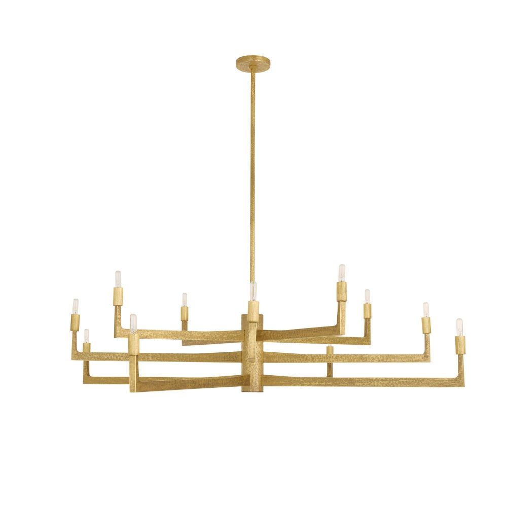 Gold chandelier with multiple arms on a white background