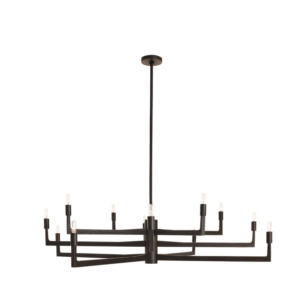 Black chandelier with multiple arms on a white background