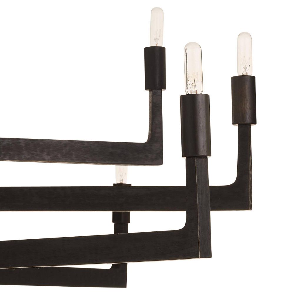 Modern black metal chandelier with three light bulbs on a white background