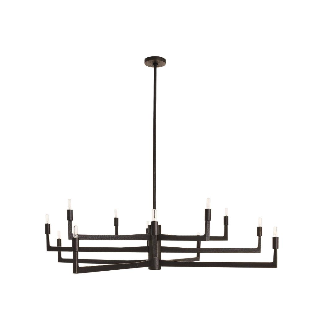 Black chandelier with multiple arms on a white background