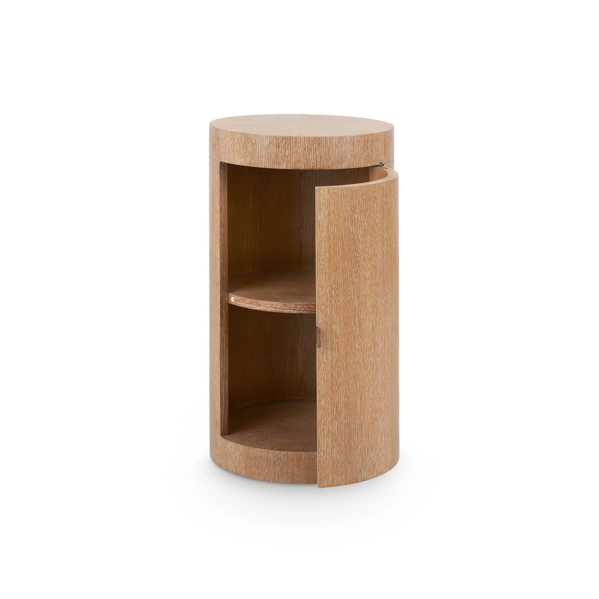 Wooden side table with a round top and shelves on a white background