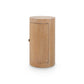 A modern cylindrical side table or cabinet with a light oak wood grain finish, featuring a small brass handle and subtle seam lines, shown on a white background.