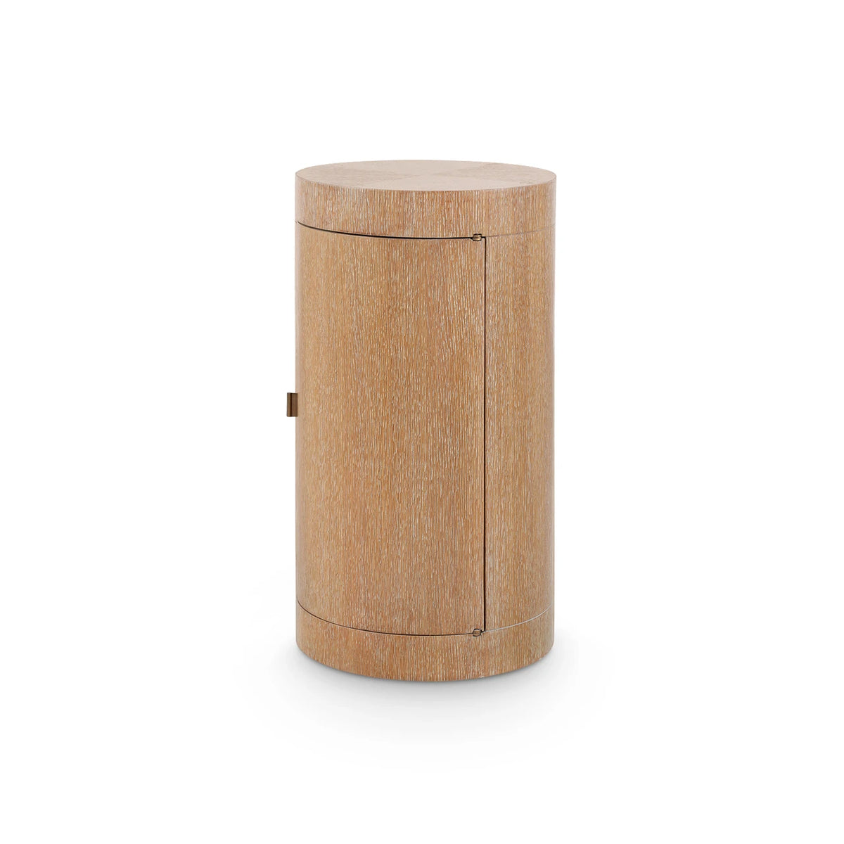 A modern cylindrical side table or cabinet with a light oak wood grain finish, featuring a small brass handle and subtle seam lines, shown on a white background.