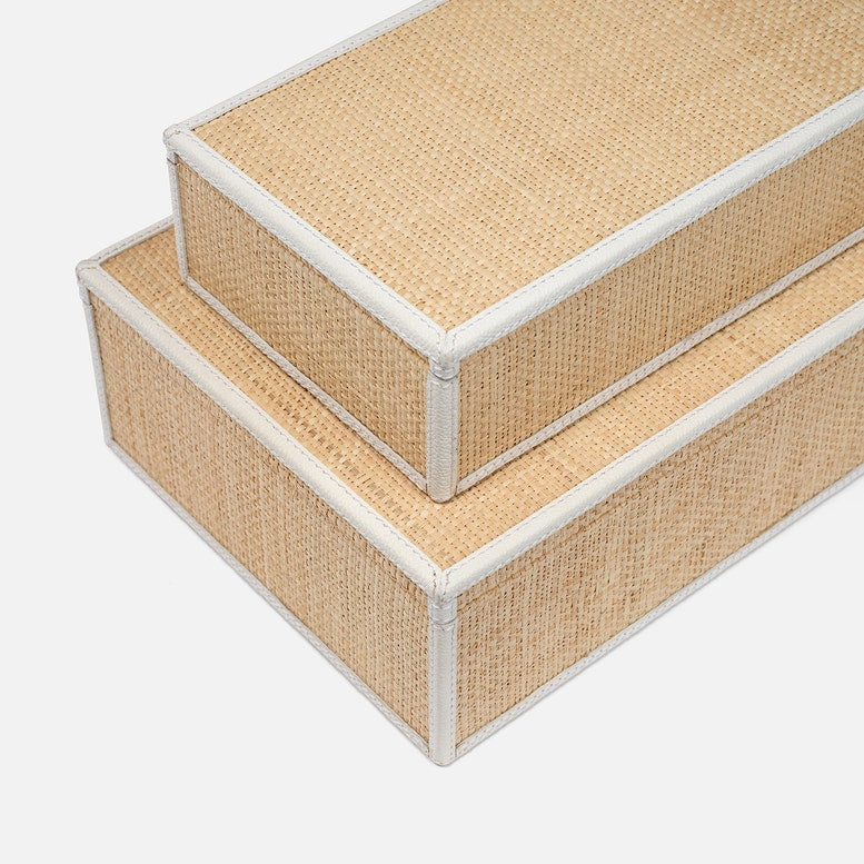 Set of two beige storage boxes with white rims on a white background