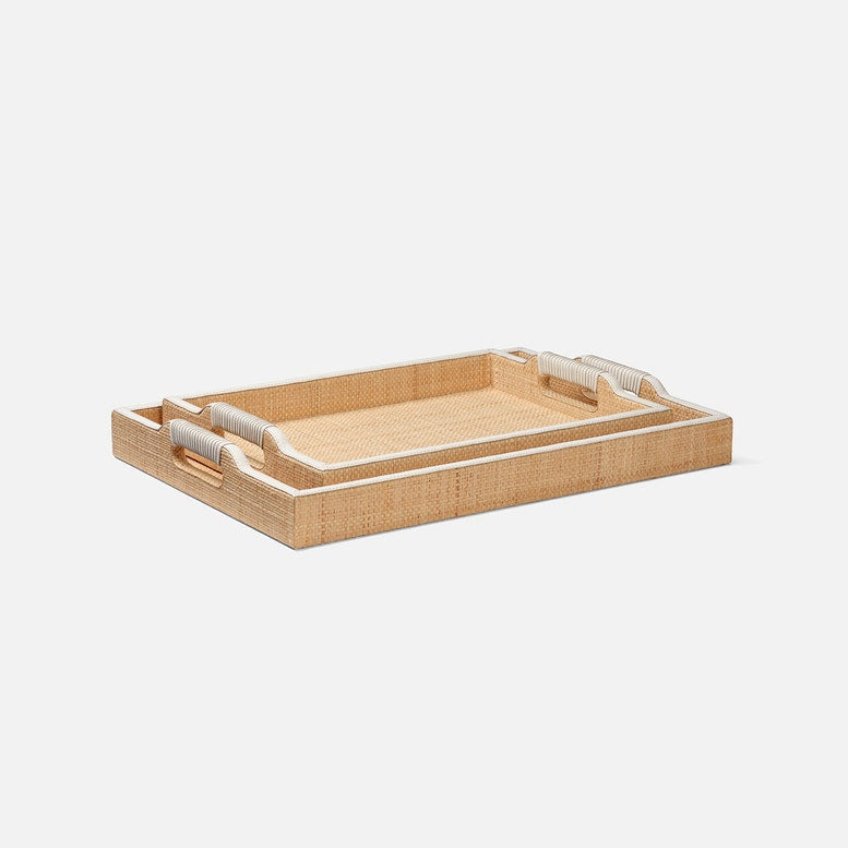 Woven tray with a white interior on a light beige background