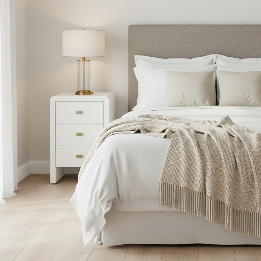A neatly made bed with white bedding and beige accent pillows in a bright, modern bedroom. A white nightstand with a lit table lamp sits beside the bed against a light neutral wall.