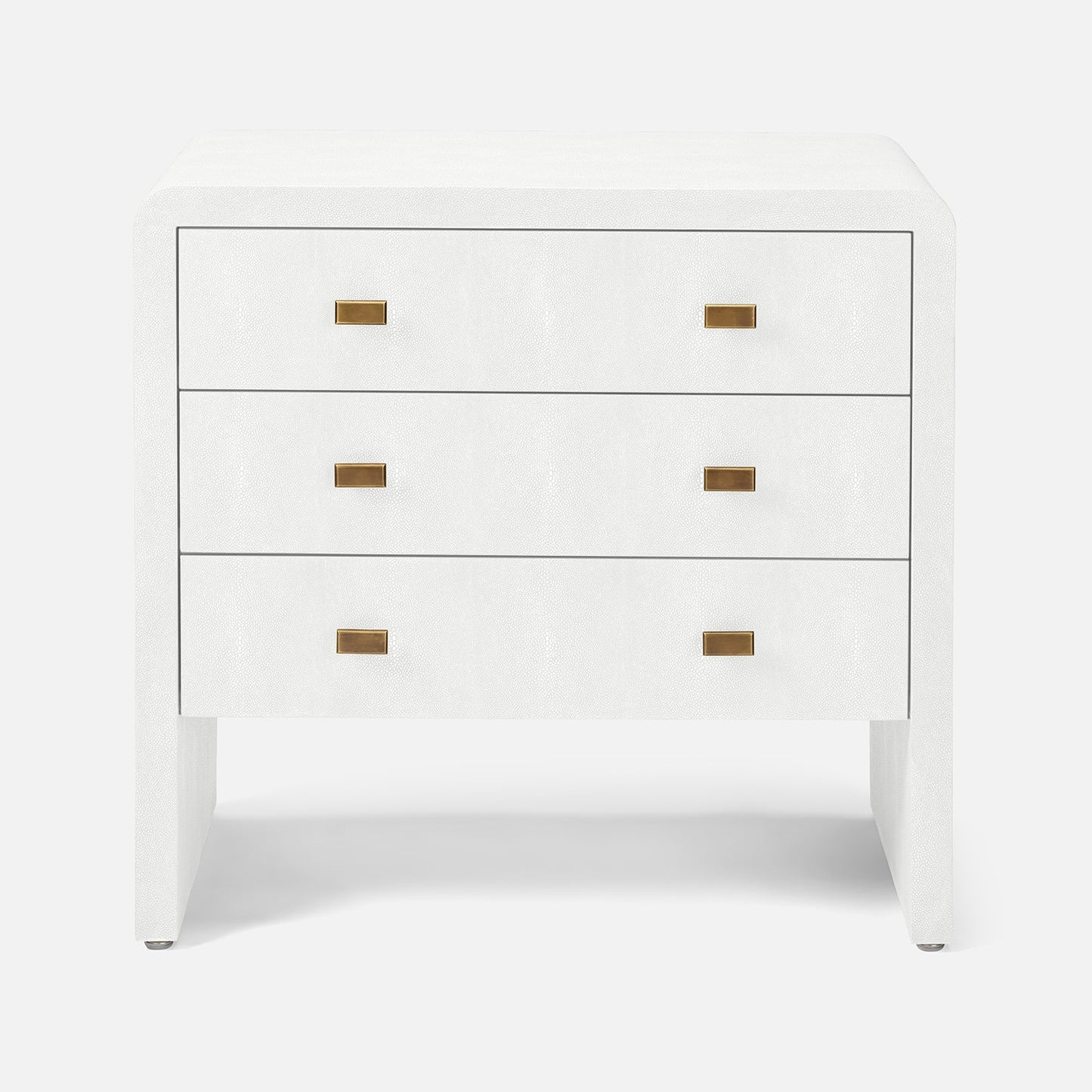 White dresser with gold handles on a white background