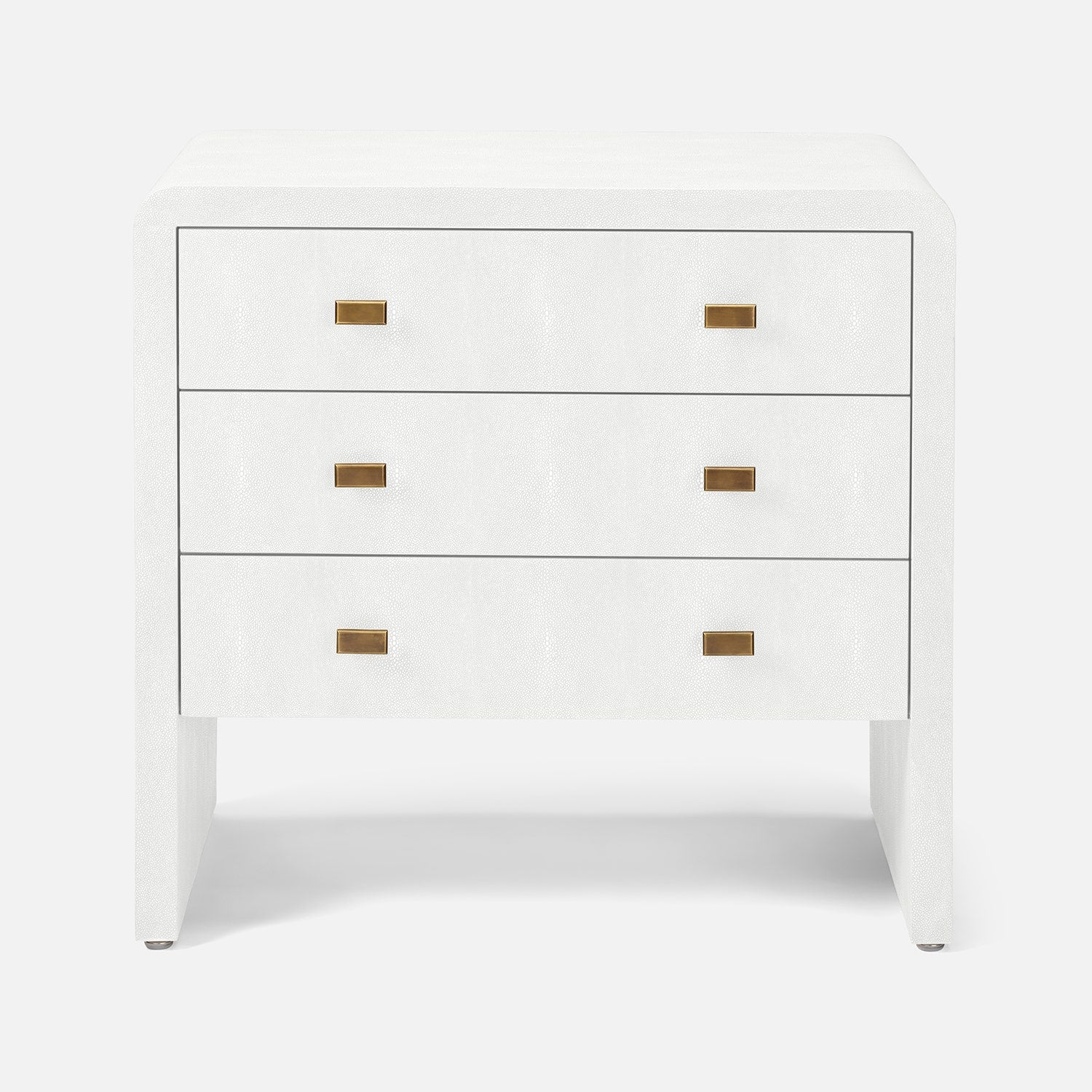 White dresser with gold handles on a white background