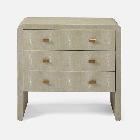 Beige textured nightstand with four drawers and bronze handles on a white background