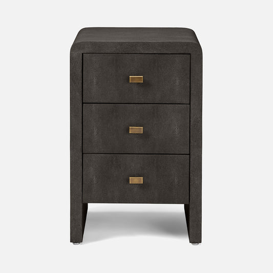 Dark gray nightstand with three drawers and gold handles on a white background