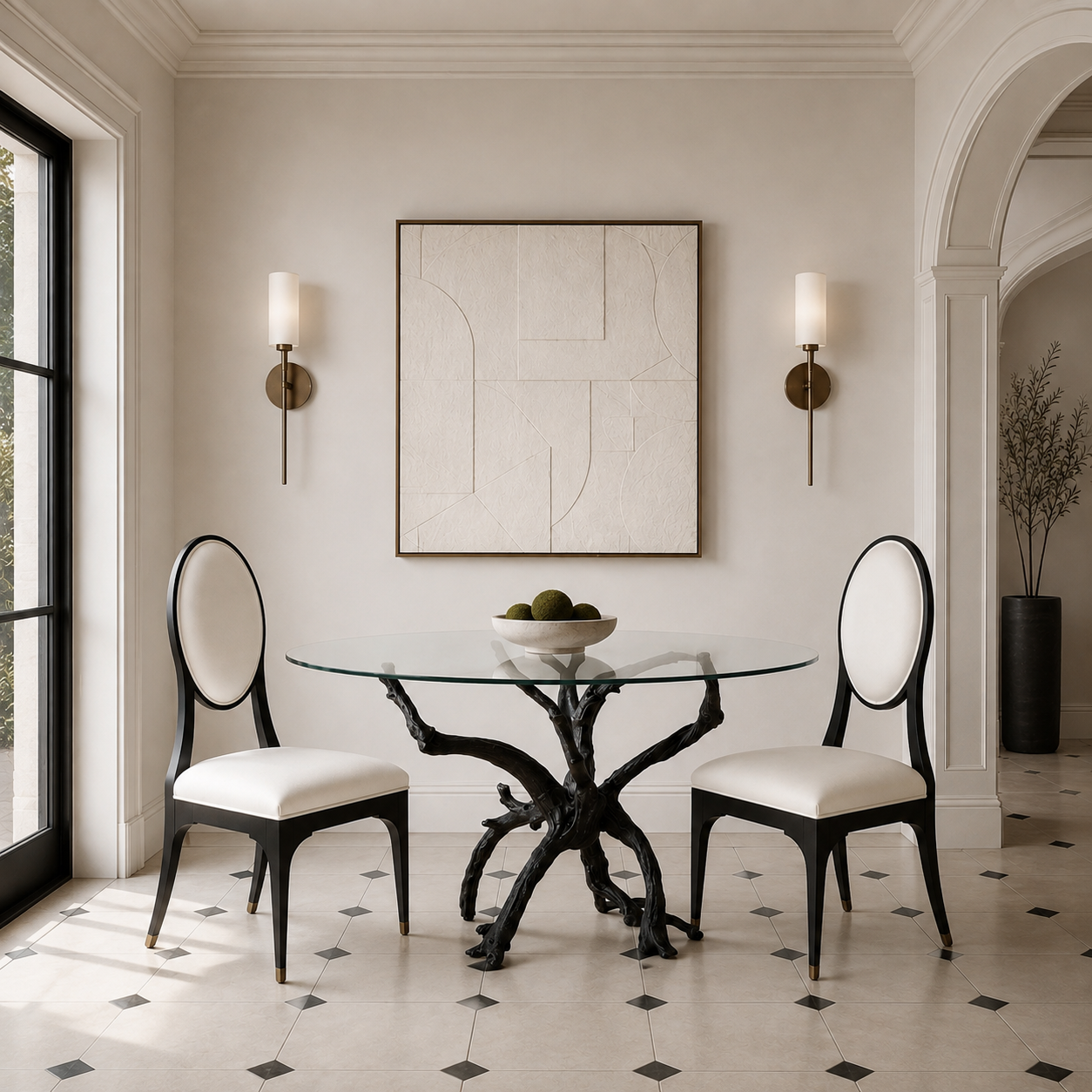 A dining room scene featuring a round glass-top table with a sculptural black branch-like base, two black chairs with cream upholstery, and a large abstract framed artwork on the wall above. The room has cream walls, black-and-white tiled flooring, and wall-mounted sconces.