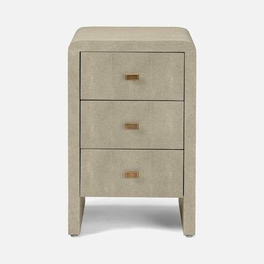 Beige nightstand with three drawers on a white background