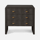 Dark wood nightstand with four drawers and brass handles on a white background
