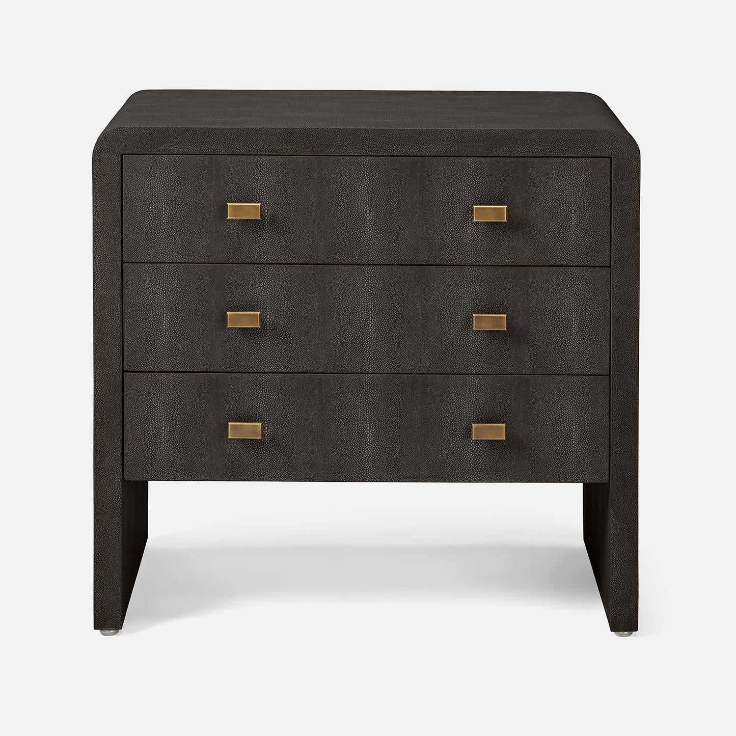Dark wood nightstand with four drawers and brass handles on a white background