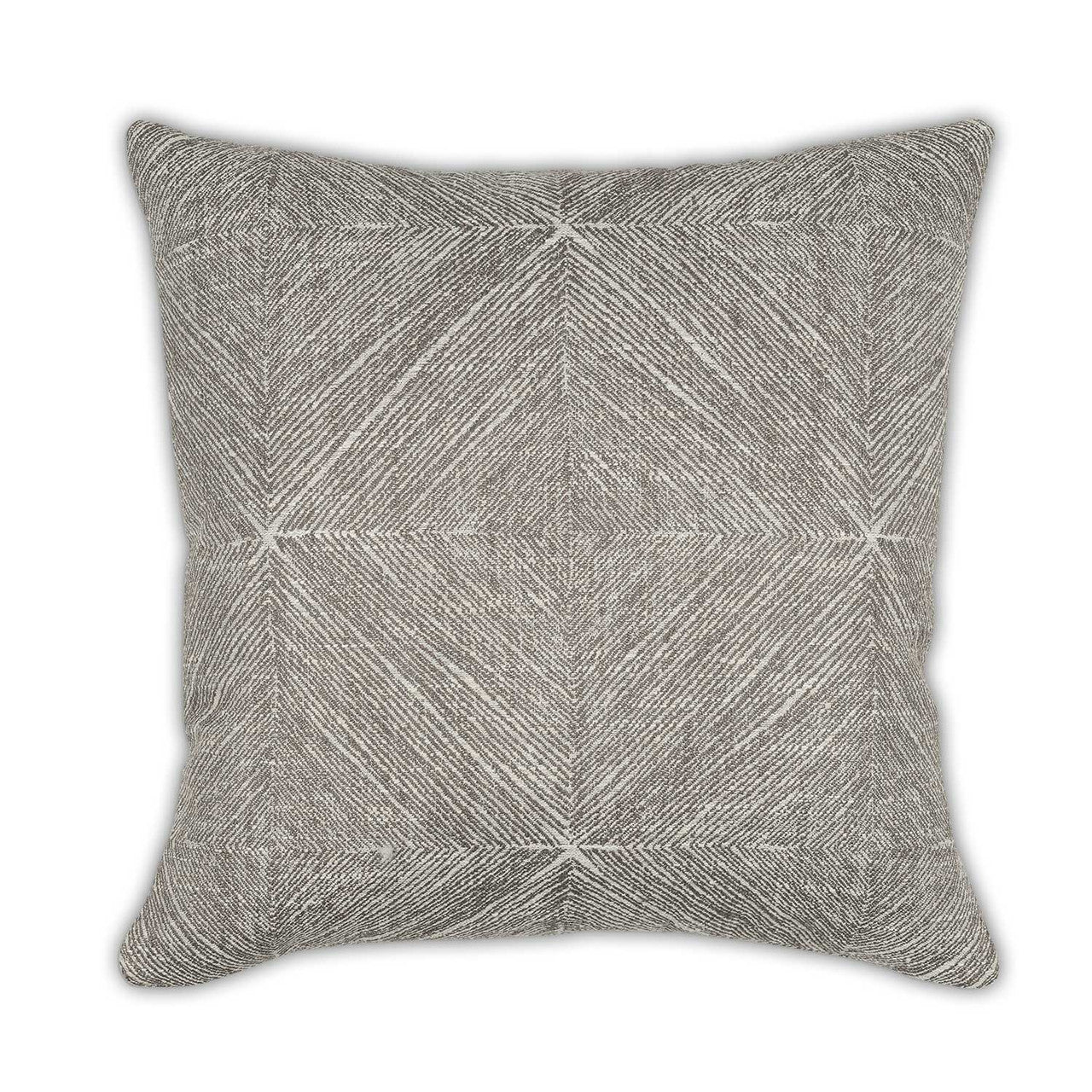 Gray textured pillow with a geometric pattern on a white background