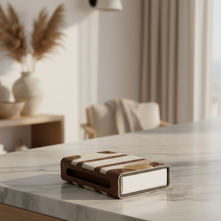 A rectangular card holder or case with a brown and white cowhide patterned cover, brown leather trim, and brass-tone rivets, shown on a light gray background.