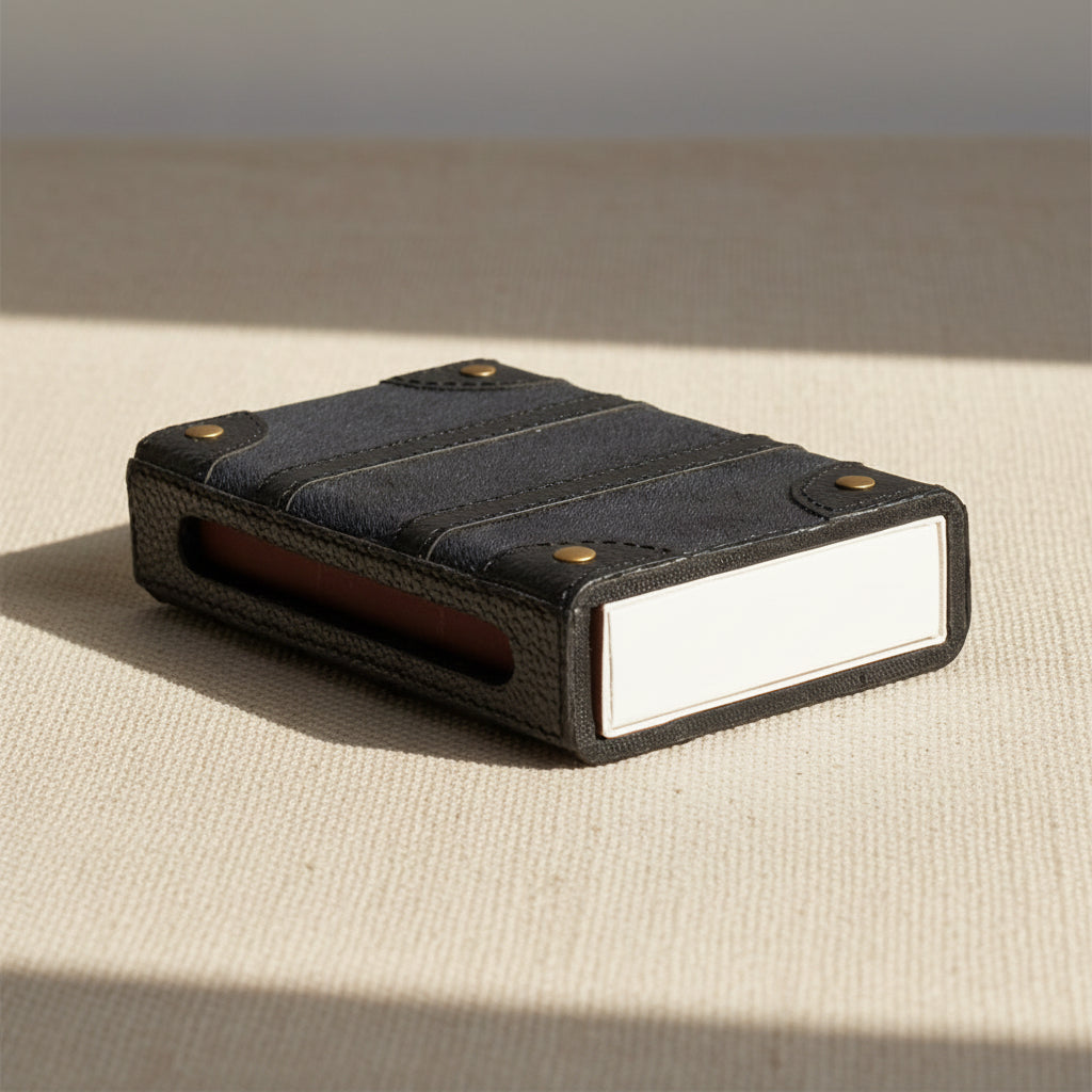 A black textured leather card holder case with brass-tone rivets and a white front label area, photographed on a clean light gray background.