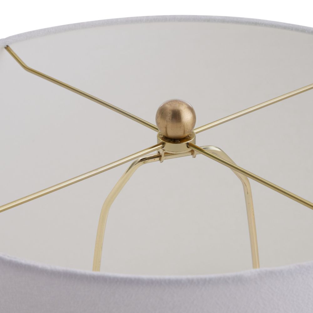 Close-up of a lamp with a white shade and gold metal base on a white background