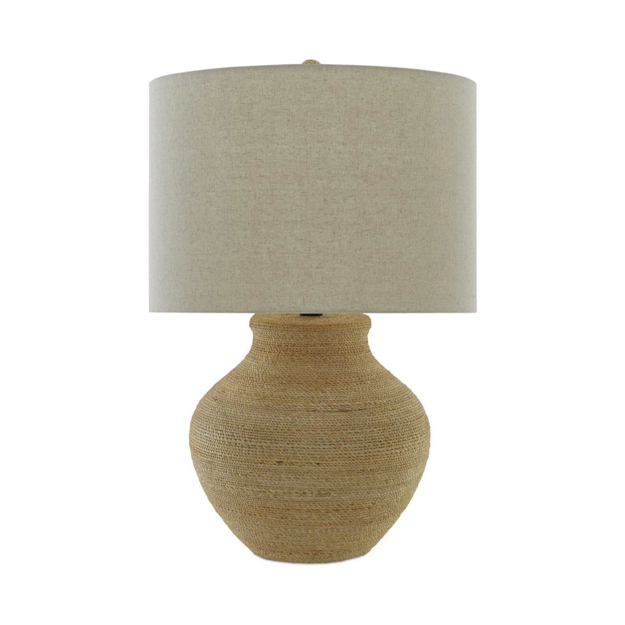Table lamp with a textured beige base and a matching shade on a white background