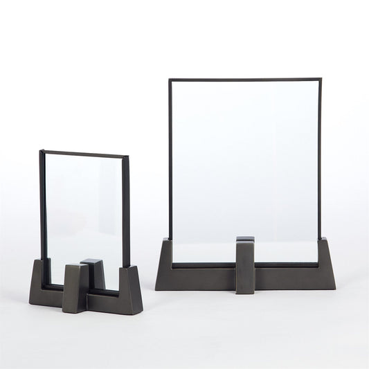 Two black metal photo stands on a white background