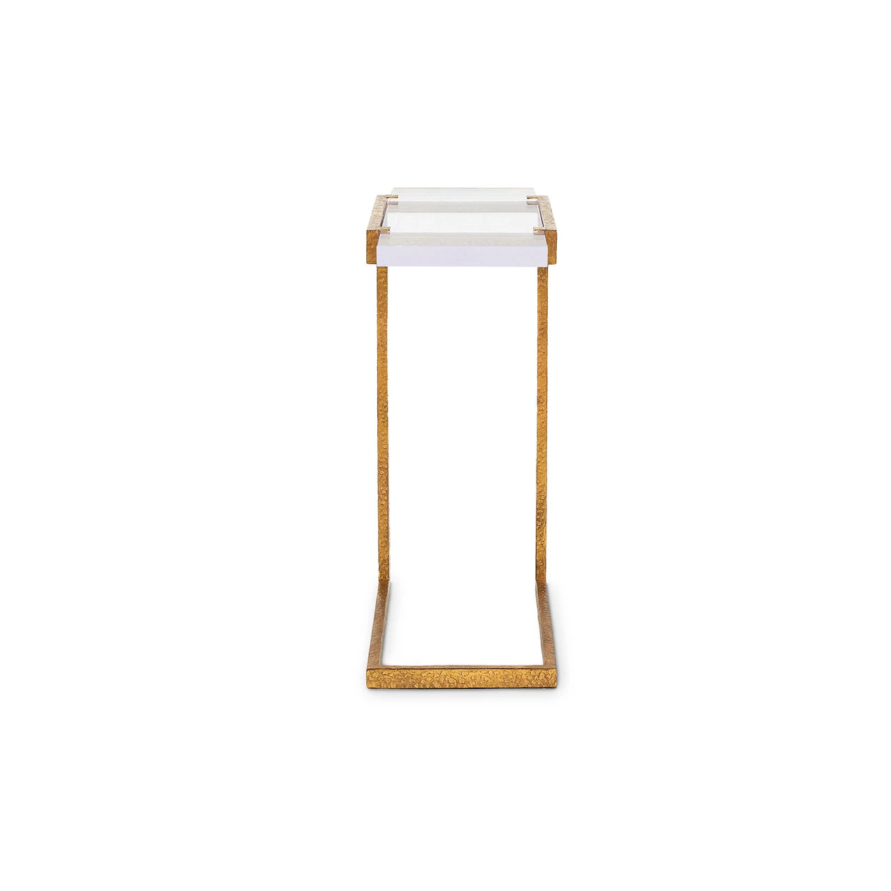 A modern rectangular side table featuring a textured gold metal frame and a white marble top, shown against a plain white background.