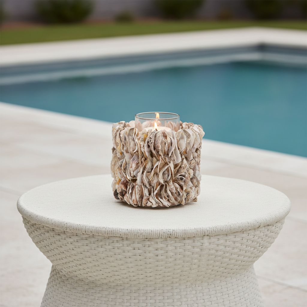 Candle in a decorative shell holder on a table by a pool