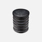 Stack of black rubber washers on a white background