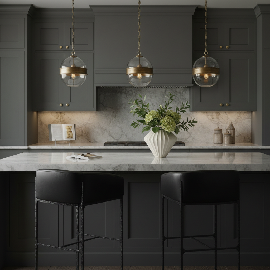 Osbourne Bar Stool Black Leather in moody kitchen setting with Arteriors pendants and vase