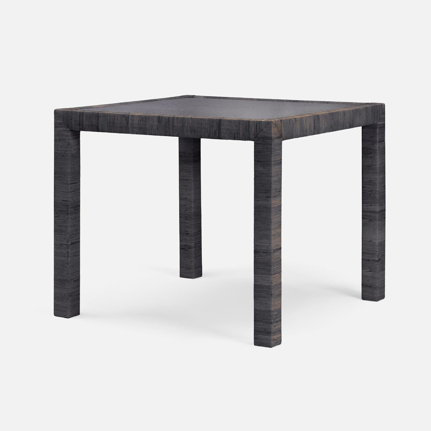 Square table with dark wood finish on a white background