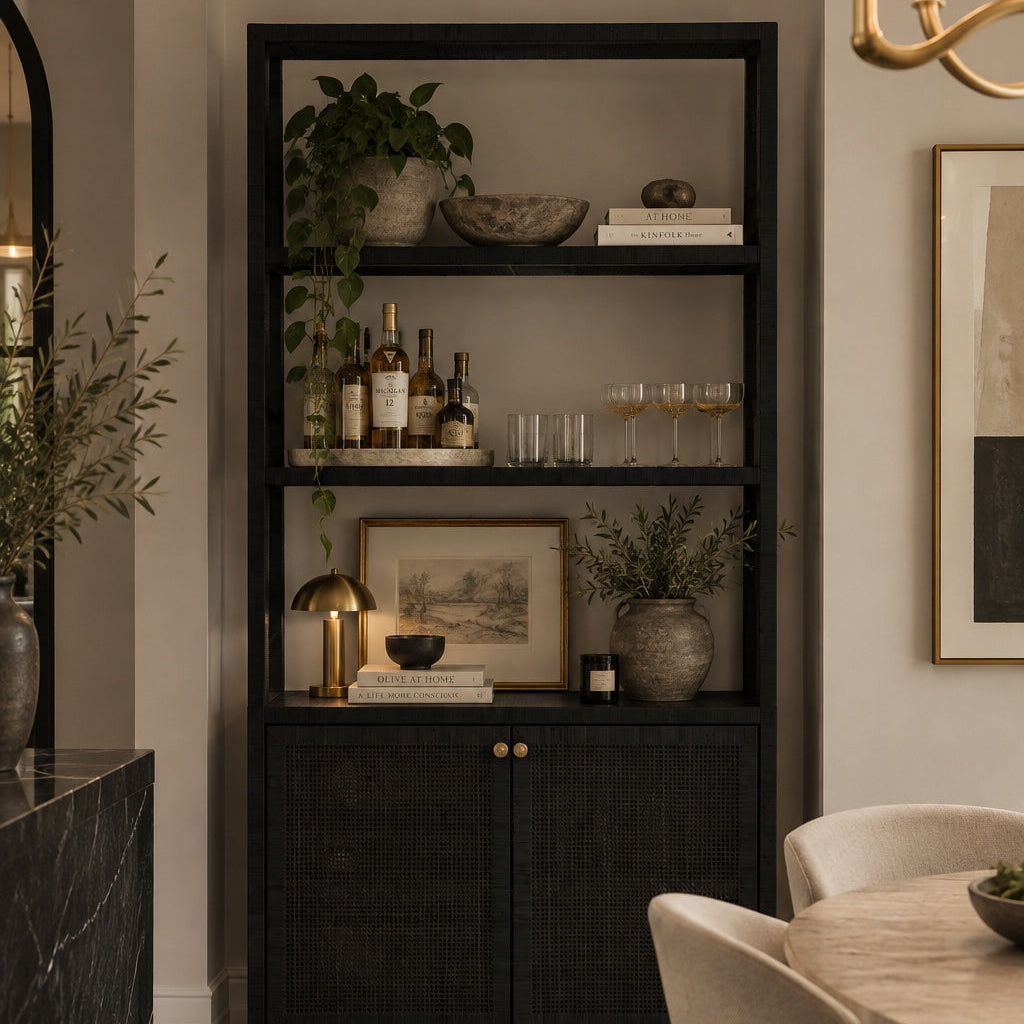 A tall black wooden shelving cabinet with two lower doors and four open shelves, styled with books, bottles, glasses, and potted plants in a dining room setting.