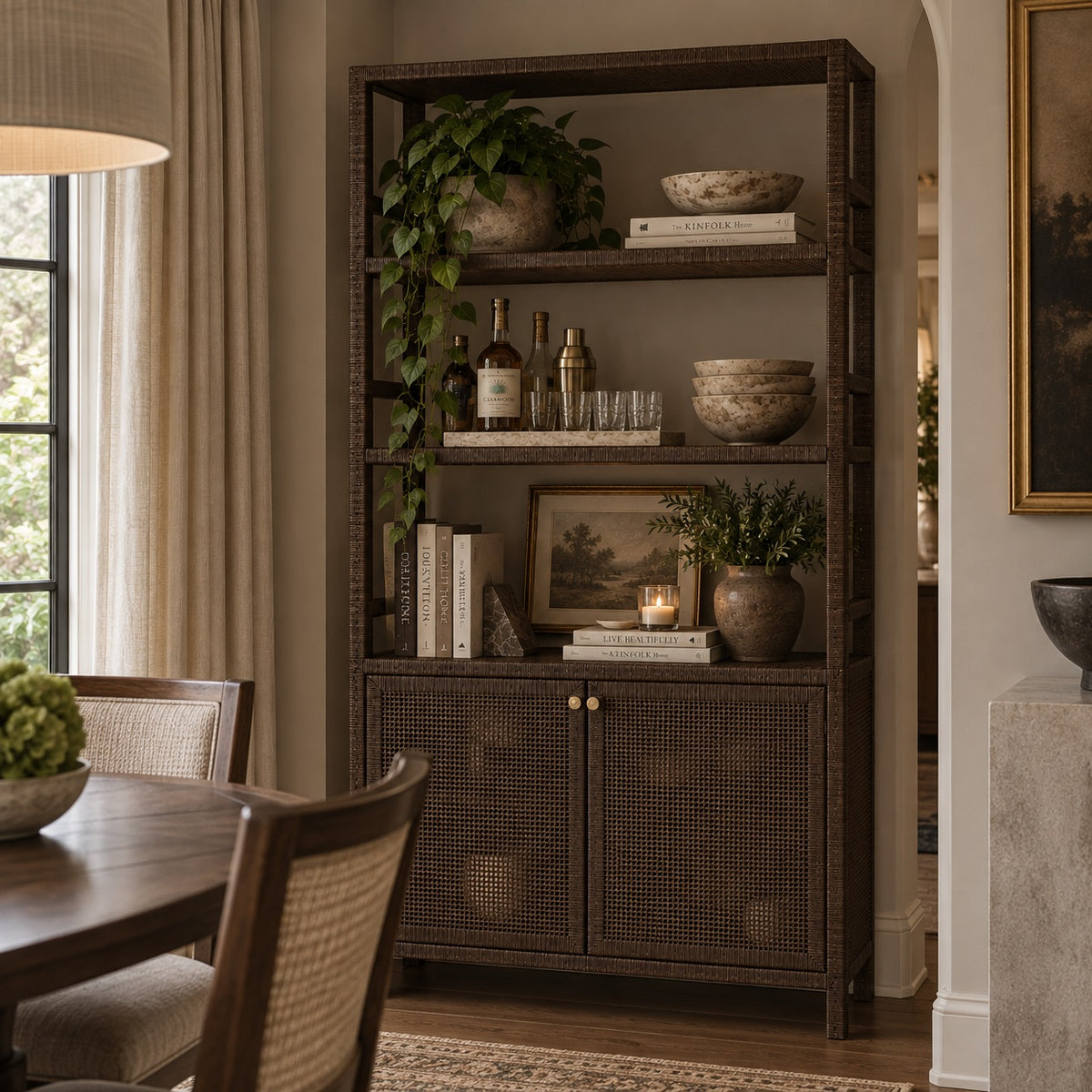 A tall dark brown rattan cabinet with open shelves and two lower cabinet doors, styled with books, bowls, bottles, and potted plants in a warm dining room setting.
