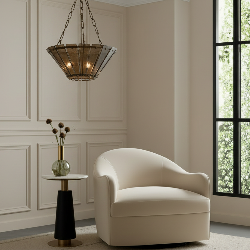 A modern beige upholstered armchair in a styled interior room with white paneled walls, a hanging metal chandelier light, a small side table with a vase, and a large black-framed window.