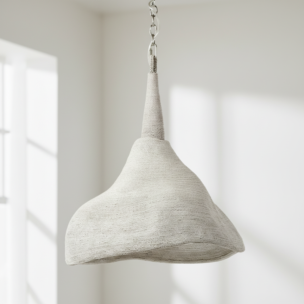 Textured pendant light hanging in a room with natural light