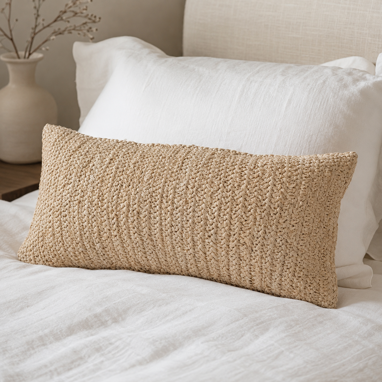 A rectangular beige textured throw pillow with a chunky woven pattern, styled on a white bed with white pillows and a neutral background.