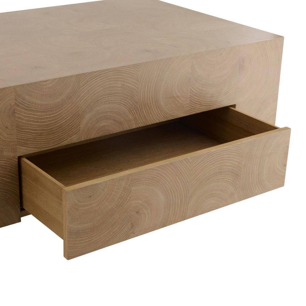 Wooden drawer unit with a single open drawer on a white background